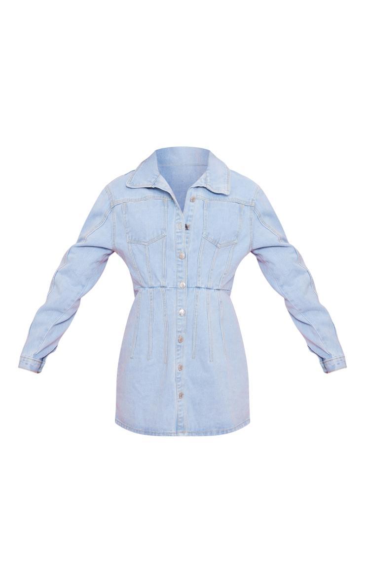  Light Blue Wash Seam Detail Cinched Waist Denim Dress Product Image