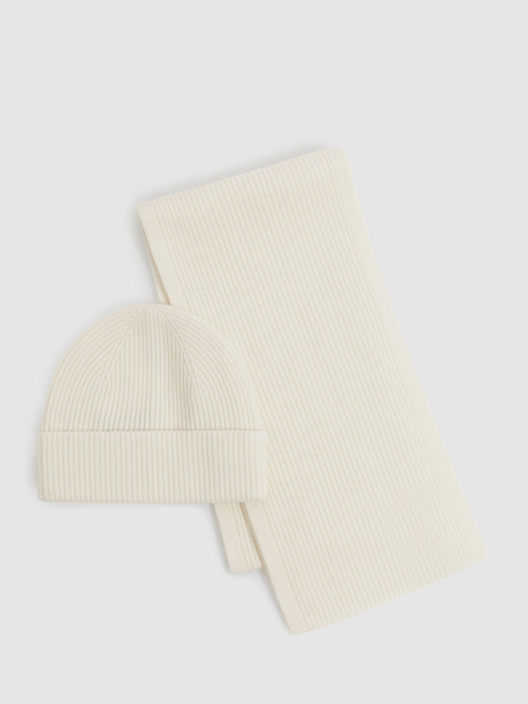 Merino Wool Ribbed Scarf And Beanie Set in Off White Product Image