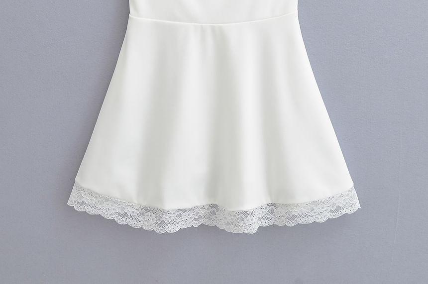 Cap Sleeve Square Neck Plain Ruched Panel Lace Mini A-Line Dress Product Image