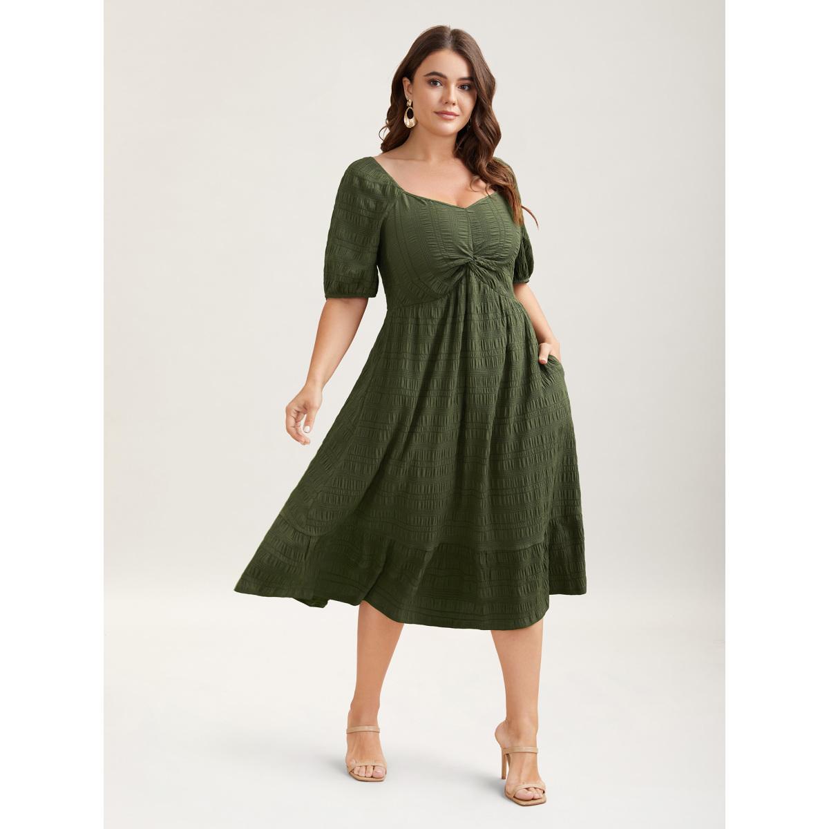 Plus Size Textured Front-Twist Square Neck Midi Dress ArmyGreen Women Elegant Twist V-neck Short sleeve Curvy BloomChic 12/L Product Image