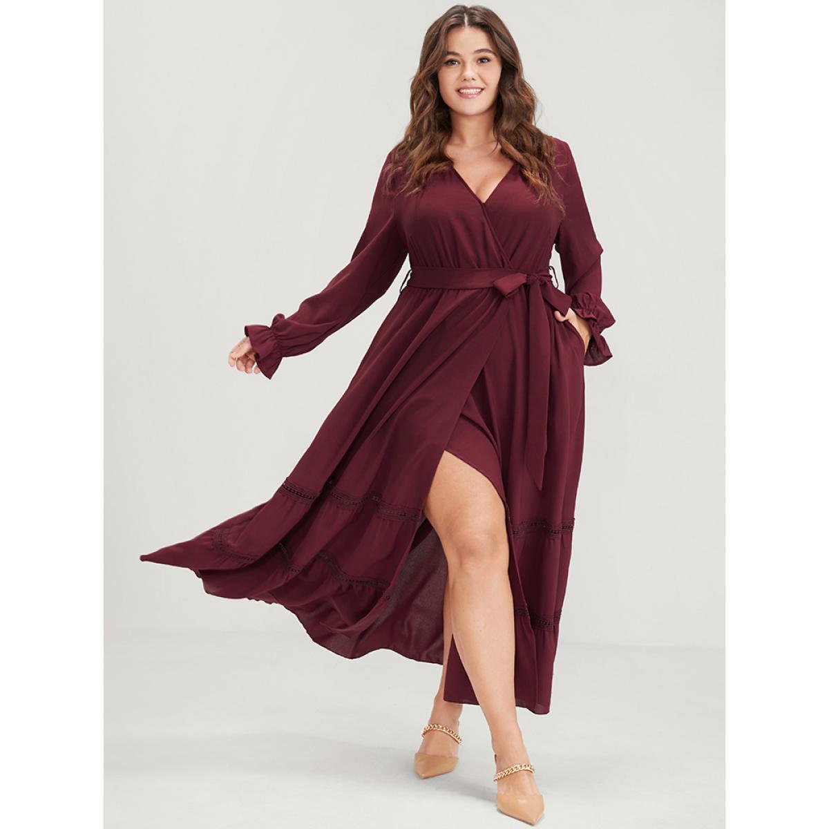 Plus Size Solid Lantern Sleeve Crochet Lace Button Ties Belted Maxi Dress Burgundy Women Elegant Plain V-neck Long Sleeve Curvy Long Dress BloomChic 12/L Product Image