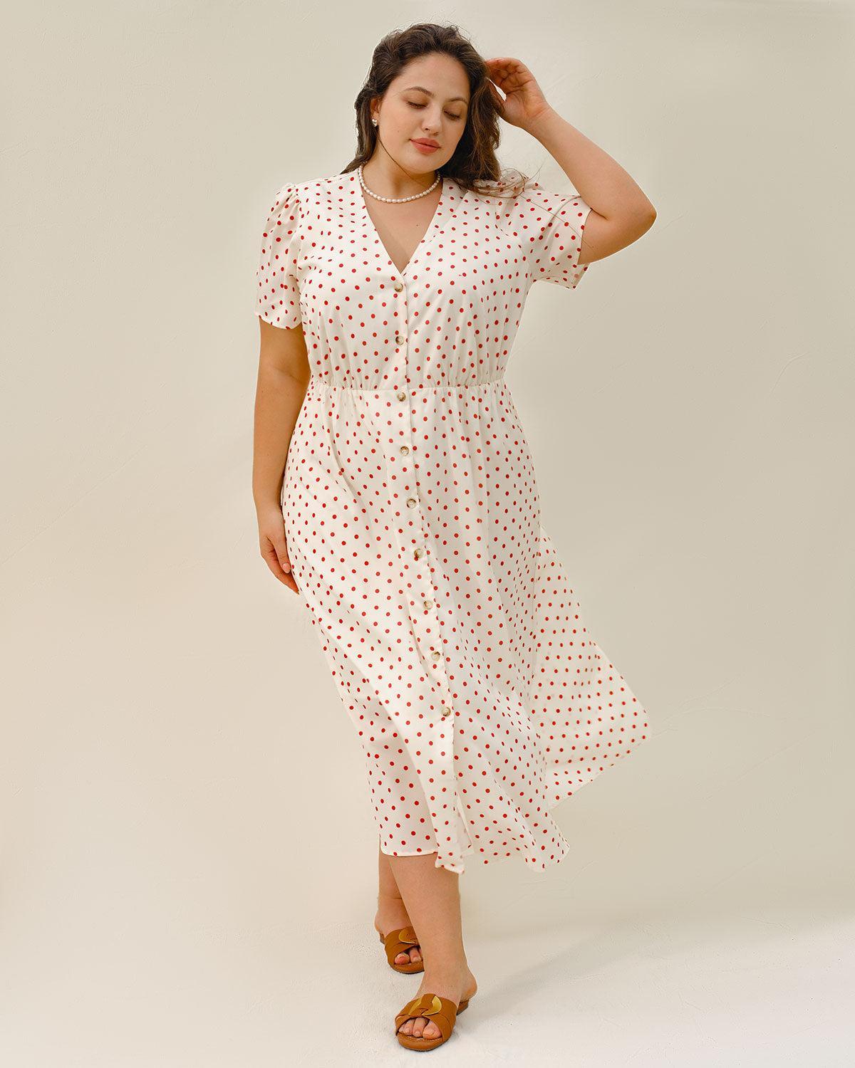 Beige Polka Dot Plus Size Midi Dress Product Image