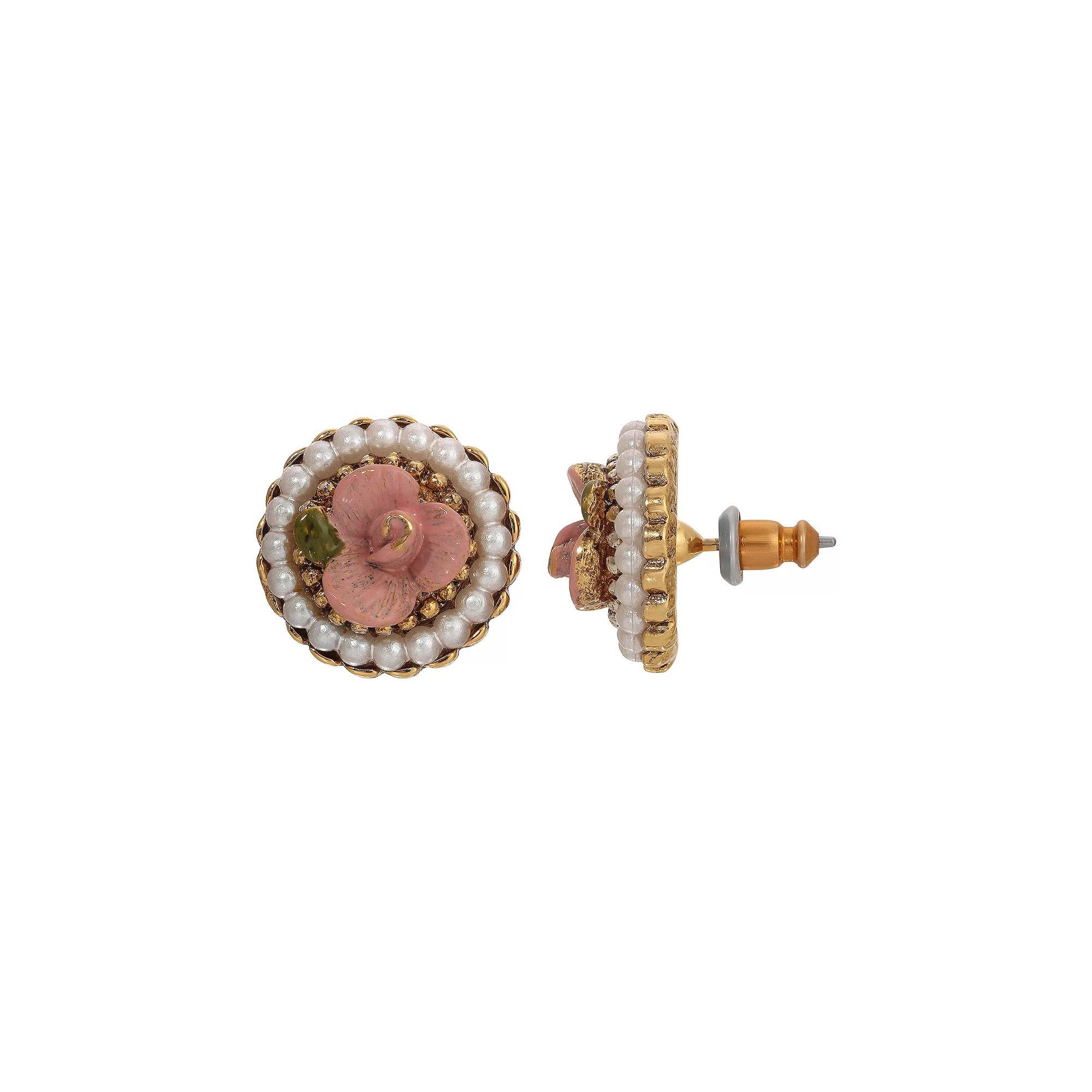 1928 Gold Tone Simulated Pearl Pink Flower Stud Earrings, Womens Product Image