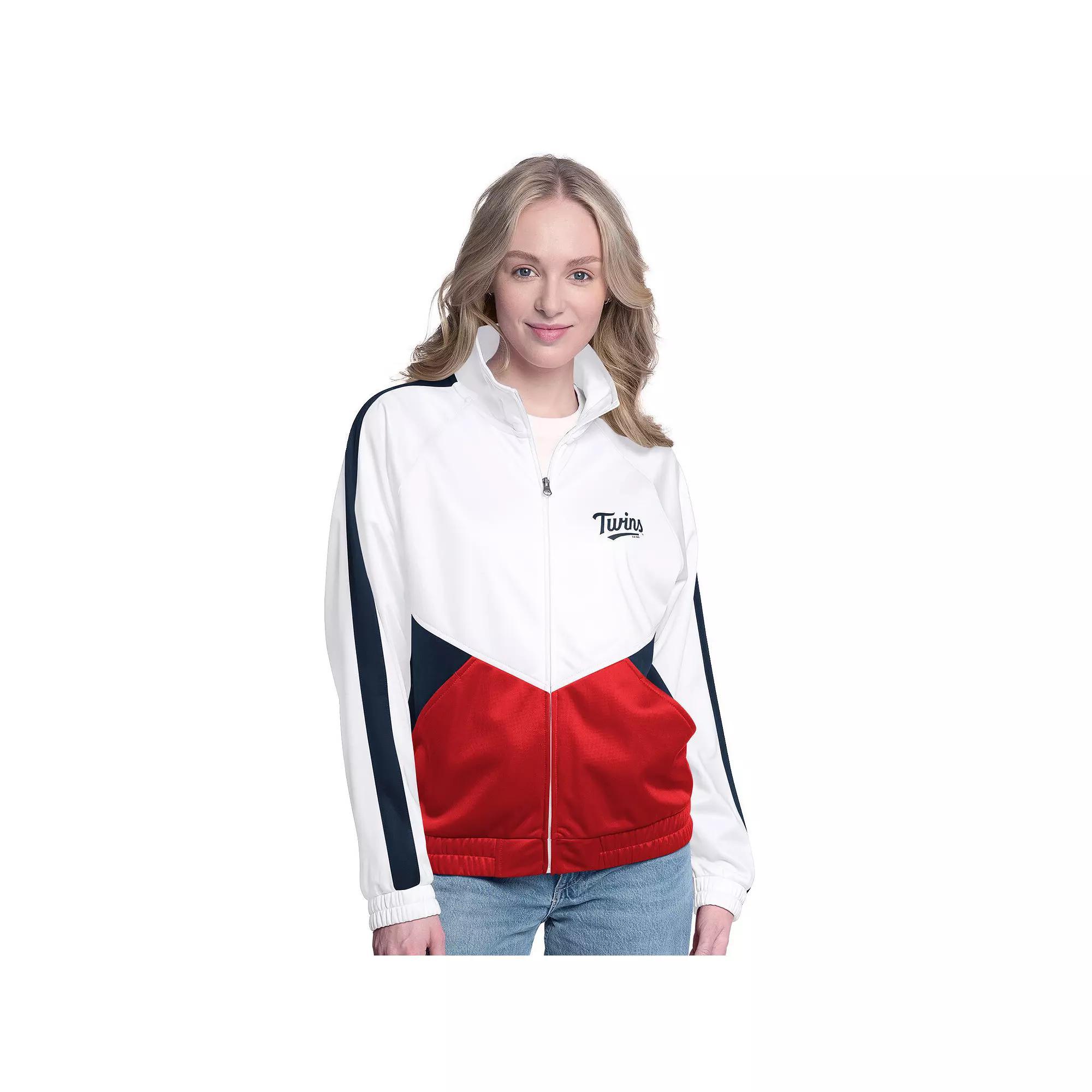 Women's G-III Sports by Carl Banks  White/Navy Cleveland Guardians Rally Rhinestone Raglan Full-Zip Track Jacket, Size: XXL, Grd White Product Image