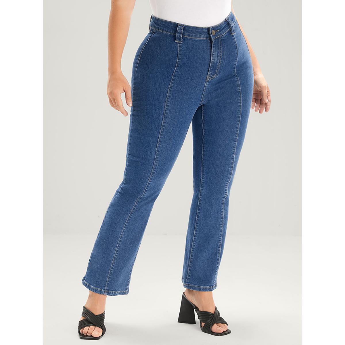 Plus Size Flare Leg Very Stretchy Mid Rise Medium Wash Jeans Women Blue Elegant Plain Patchwork High stretch Pocket Jeans BloomChic 20/2X Product Image