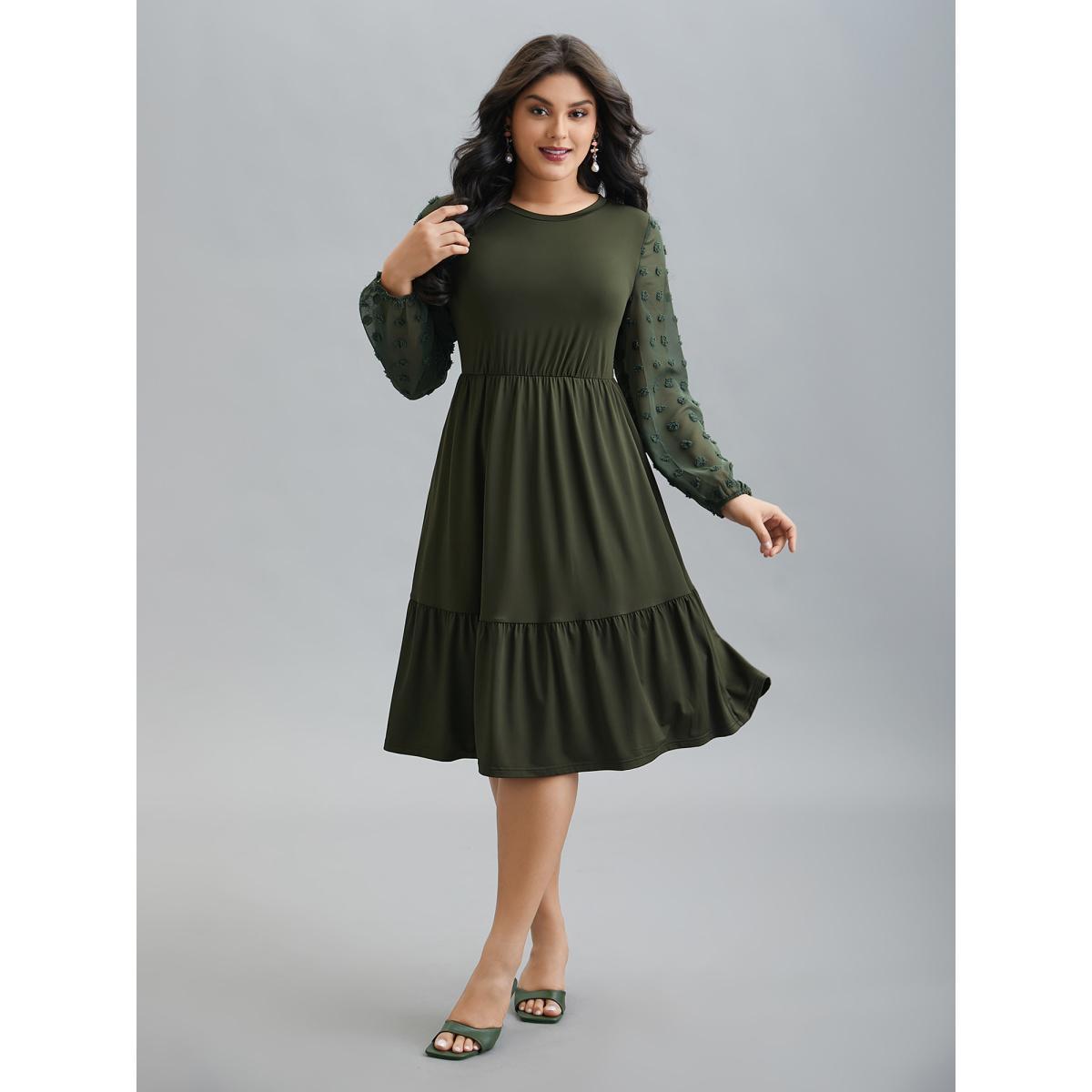 Plus Size Sheer Chiffon Textured Waist-Defined Midi Dress ArmyGreen Women Elegant Texture Round Neck Extra Long Sleeve Curvy BloomChic 18-20/2X Product Image