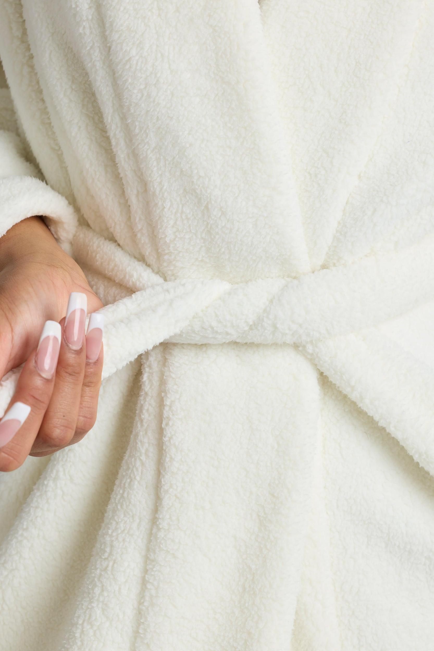 Tie Front Fleece Robe in White Product Image