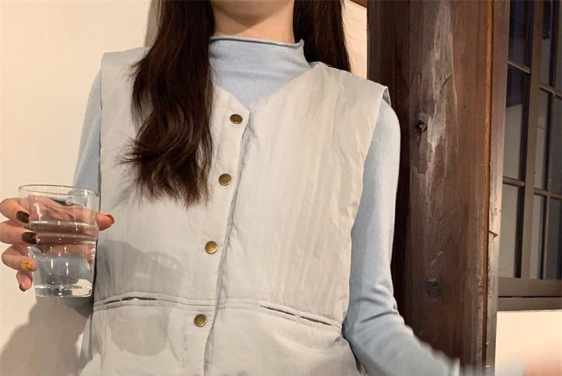 Long-Sleeve Mock Neck Plain Slim Fit T-Shirt / Padded Button Vest / Elastic Waist Midi A-Line Skirt Product Image