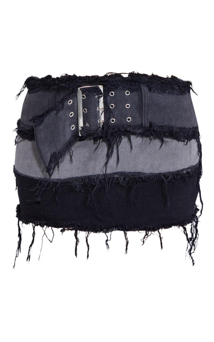 Petite Washed Black Distressed Panel Belted Denim Mini Skirt Product Image