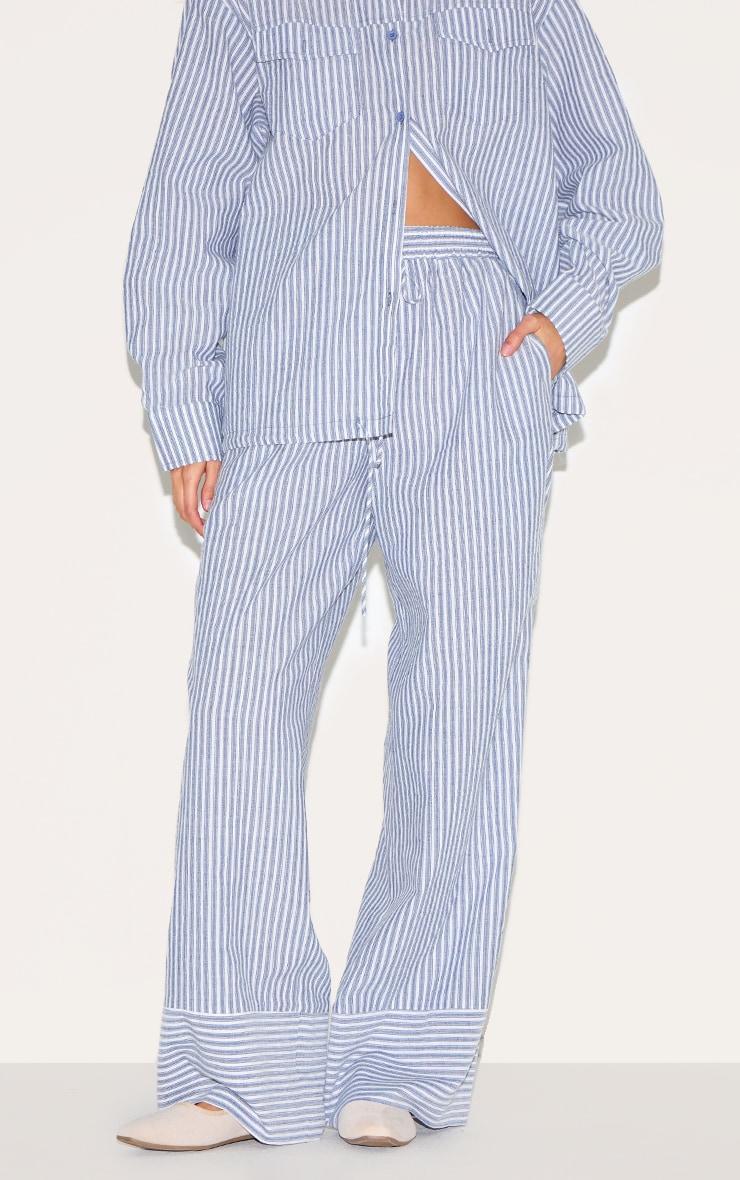 Blue Striped Linen Drawstring Wide Leg Pants Product Image