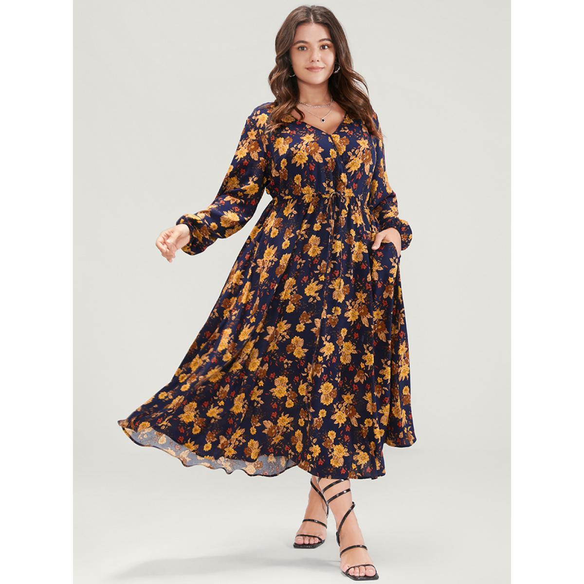 Plus Size Floral Lantern Sleeve Pocket Ties Up Wrap Flutter Dress Midnight Women Elegant Drawstring V-neck Long Sleeve Curvy Midi Dress BloomChic 30/6X Product Image