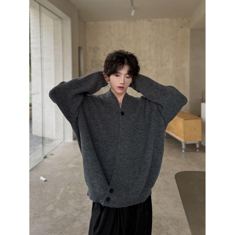 V-Neck Melange Asymmetrical Button Cardigan Product Image