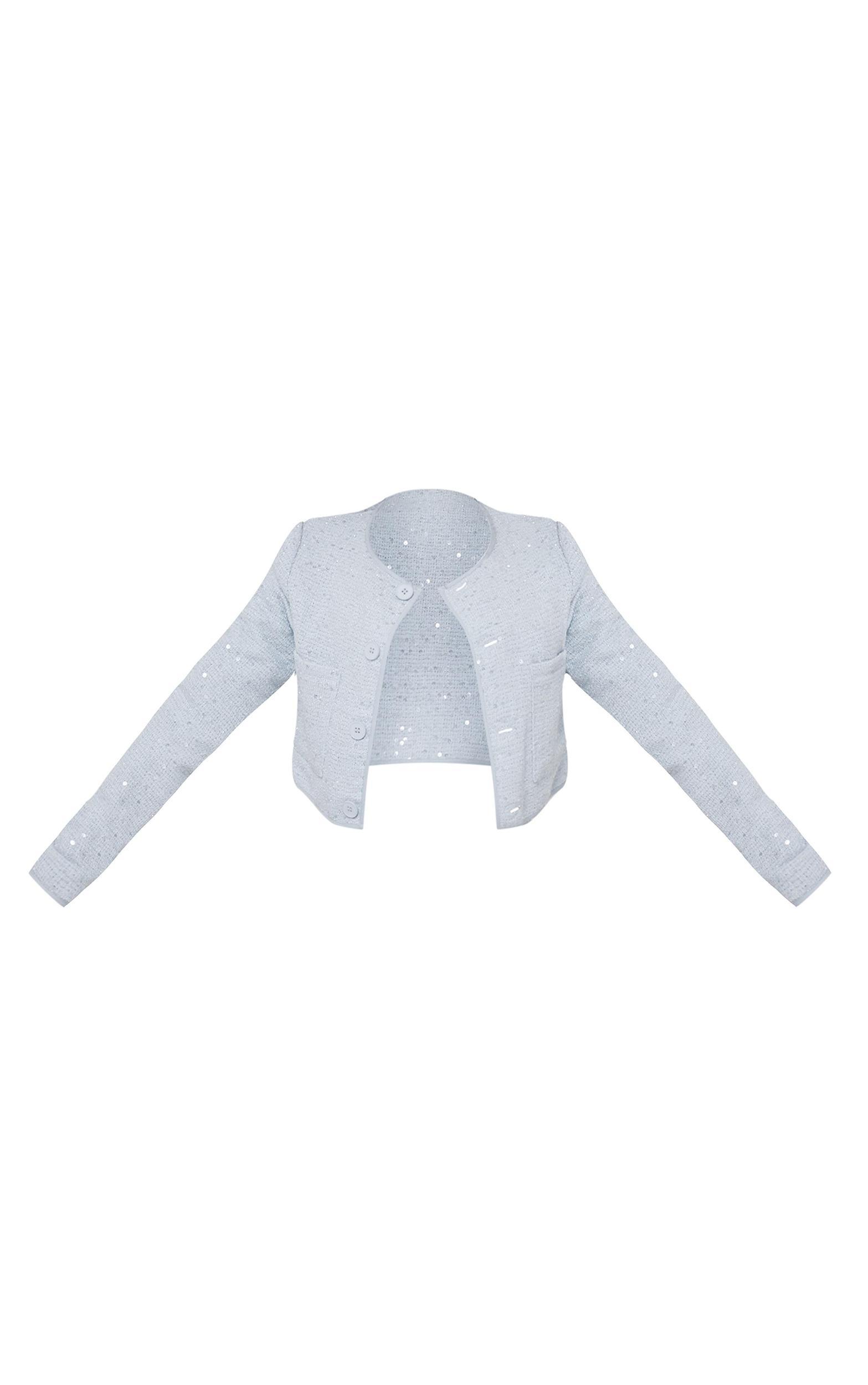 Pastel Blue Textured Sequin Cropped Jacket Product Image