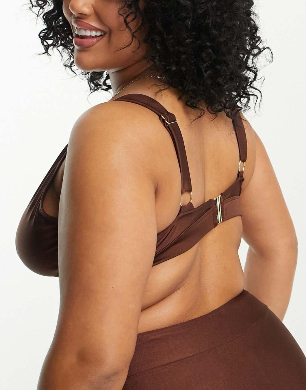 South Beach Curve Exclusive high apex triangle bikini top in high shine brown  Product Image
