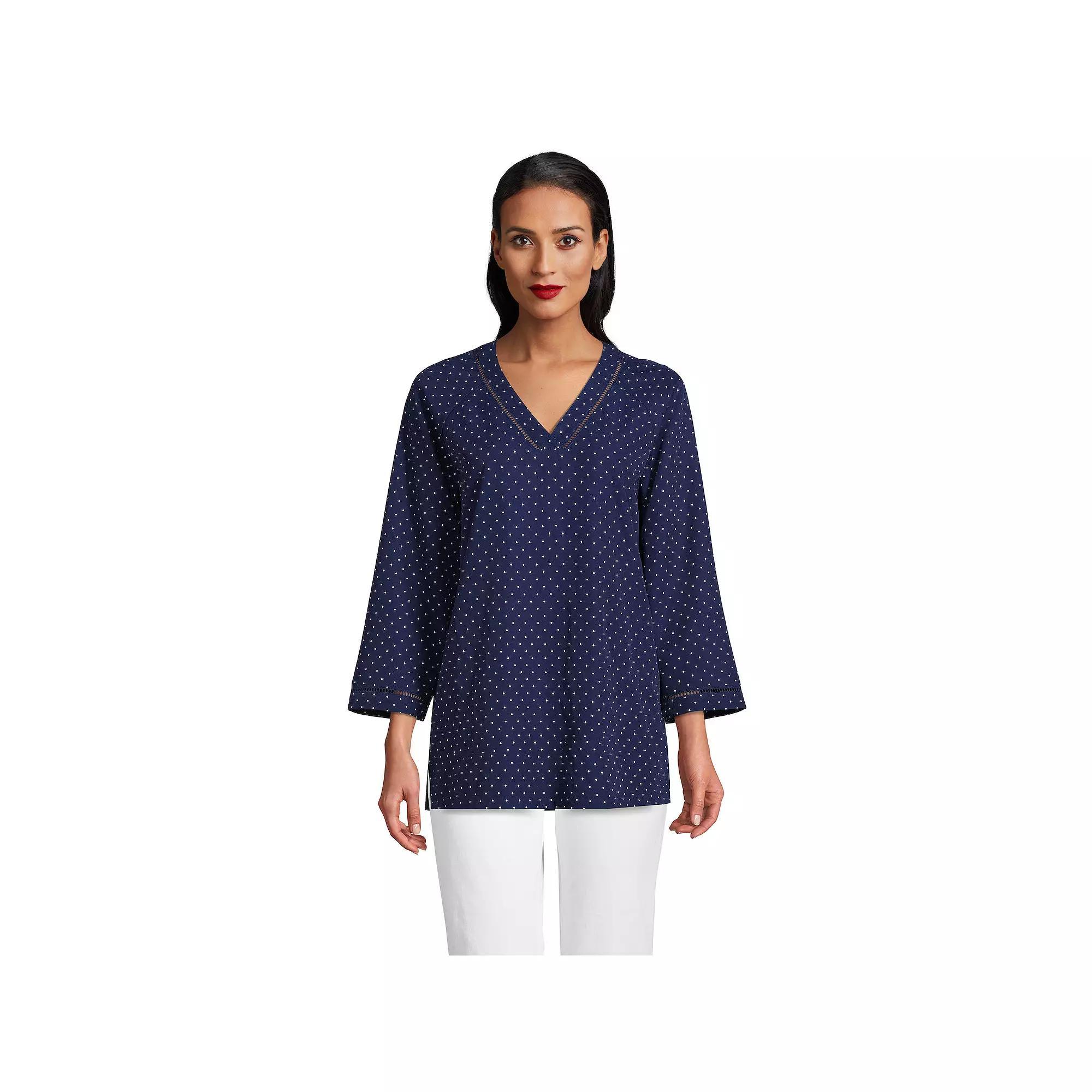 Women's Lands' End Rayon 3/4 Sleeve Tunic Top, Size: Small, Blue Pin Dot Product Image