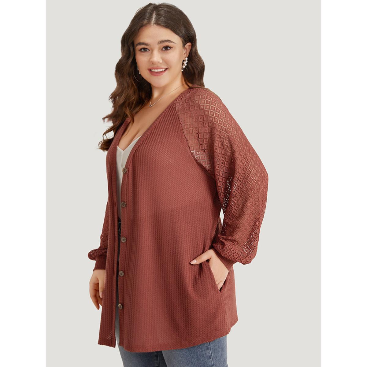 Plus Size Solid Button Through Pocket Mesh Raglan Sleeve Kimono Women Rust Casual See through Loose Pocket Dailywear Kimonos BloomChic 30/6X Product Image