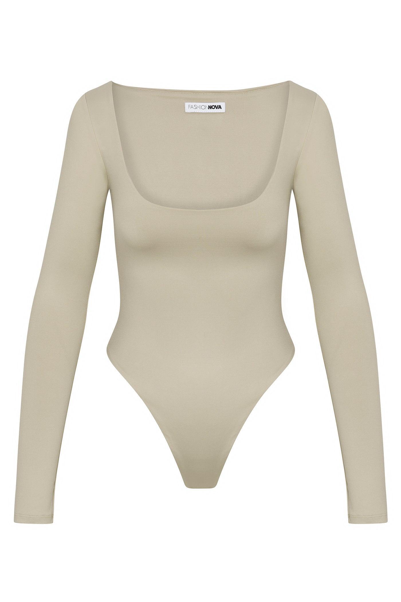 Contour Double Lined Long Sleeve Wide Scoop Neck Bodysuit - Stone Female Product Image