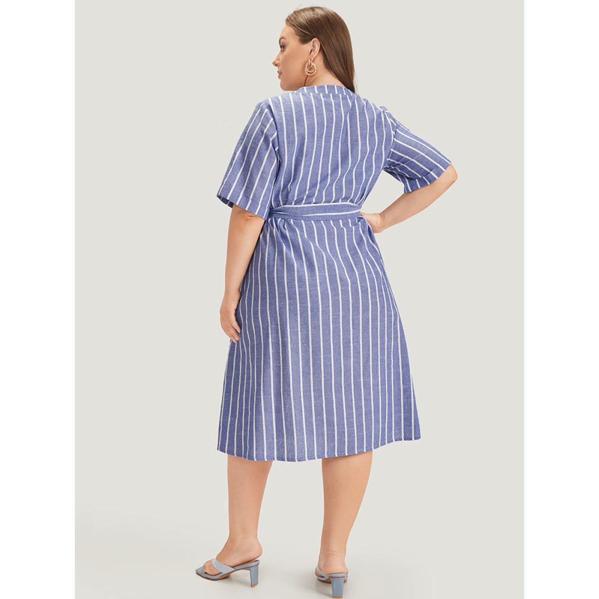 Plus Size Striped Print Belt Pocket Notched Button Up Dress Blue Women Office Cross straps Notched collar Short sleeve Curvy Midi Dress BloomChic 26/4X Product Image