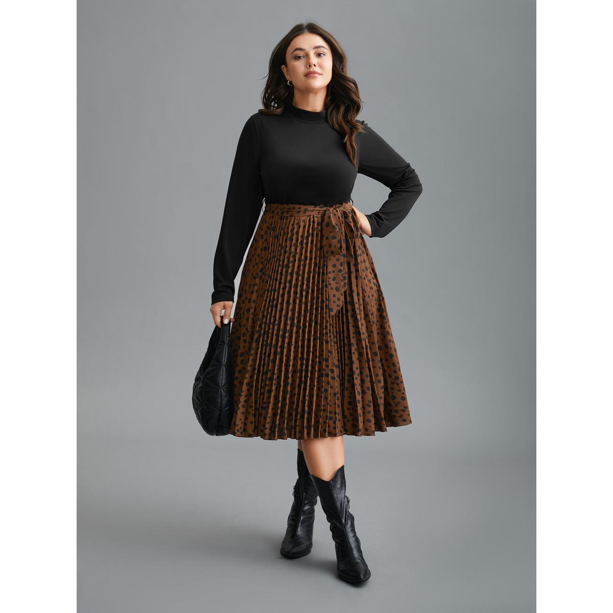 Plus Size Leopard Print Pleated Mock Neck Midi Dress Bronze Women At the Office Belted Mock Neck Long Sleeve Curvy BloomChic 26/4X Product Image