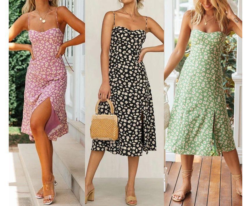 Spaghetti Strap Floral Print Slit Midi A-Line Dress Product Image