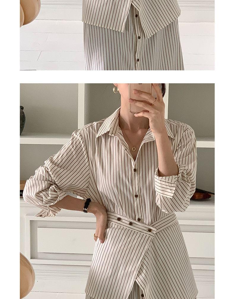 Set: Long-Sleeve Striped Midi Shirt Dress + Decorative Hem Product Image