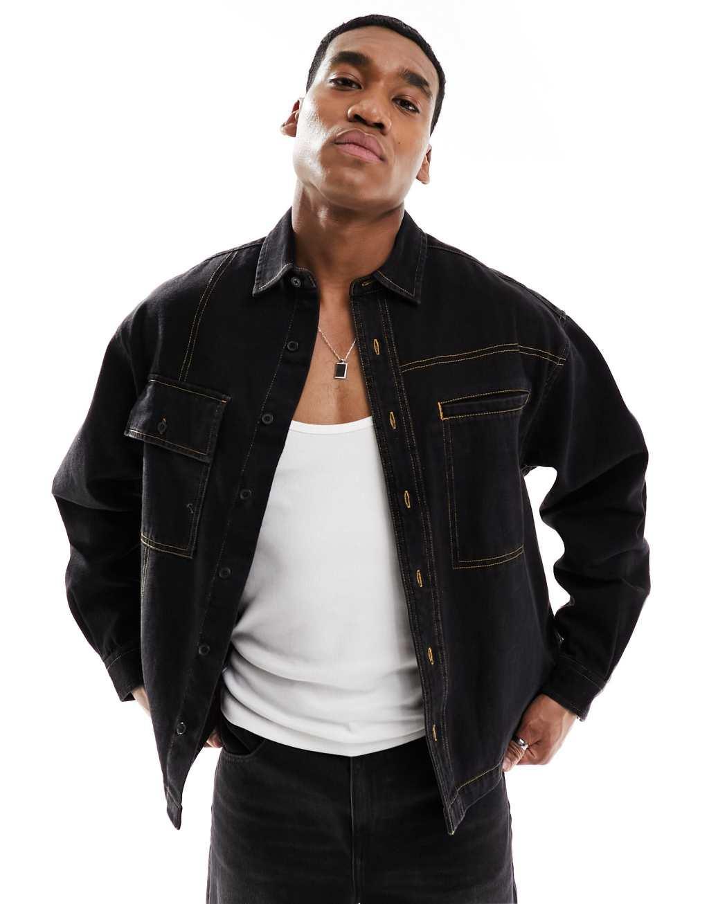 ASOS DESIGN boxy oversized revere shirt with contrast stitch in black  Product Image