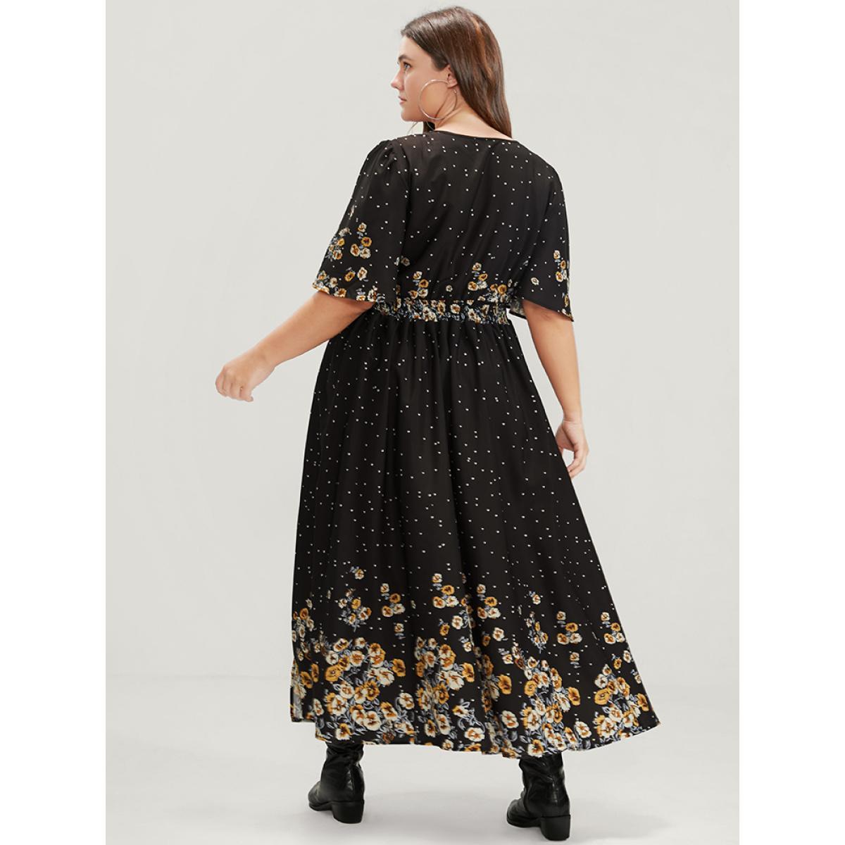 Plus Size Floral Pocket Split Hem Flutter Shirred Maxi Dress Black Women Casual Printed V-neck Half Sleeve Curvy Midi Dress BloomChic 28/5X Product Image