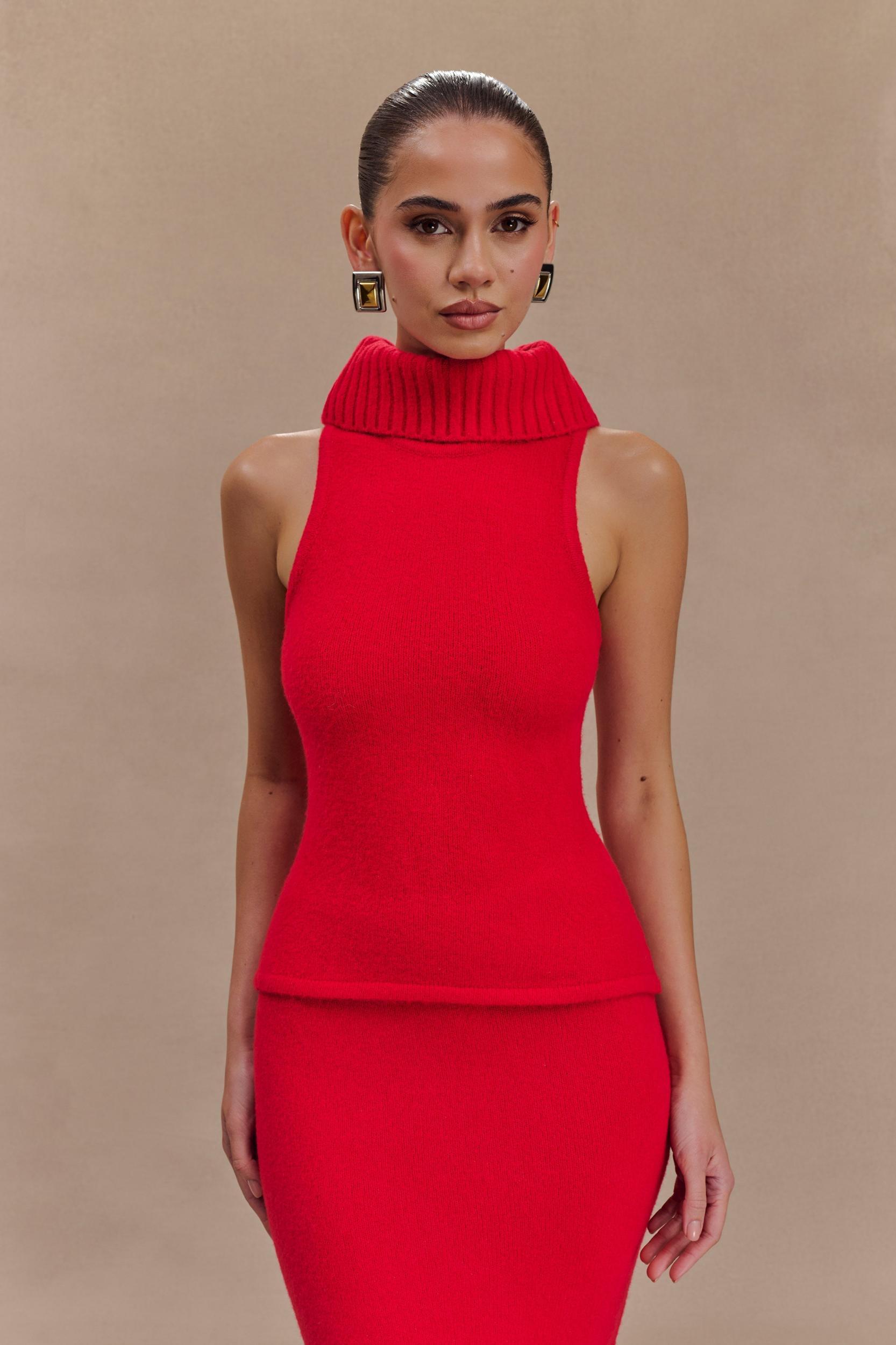 Elise Roll Neck Knit Top - Red Product Image