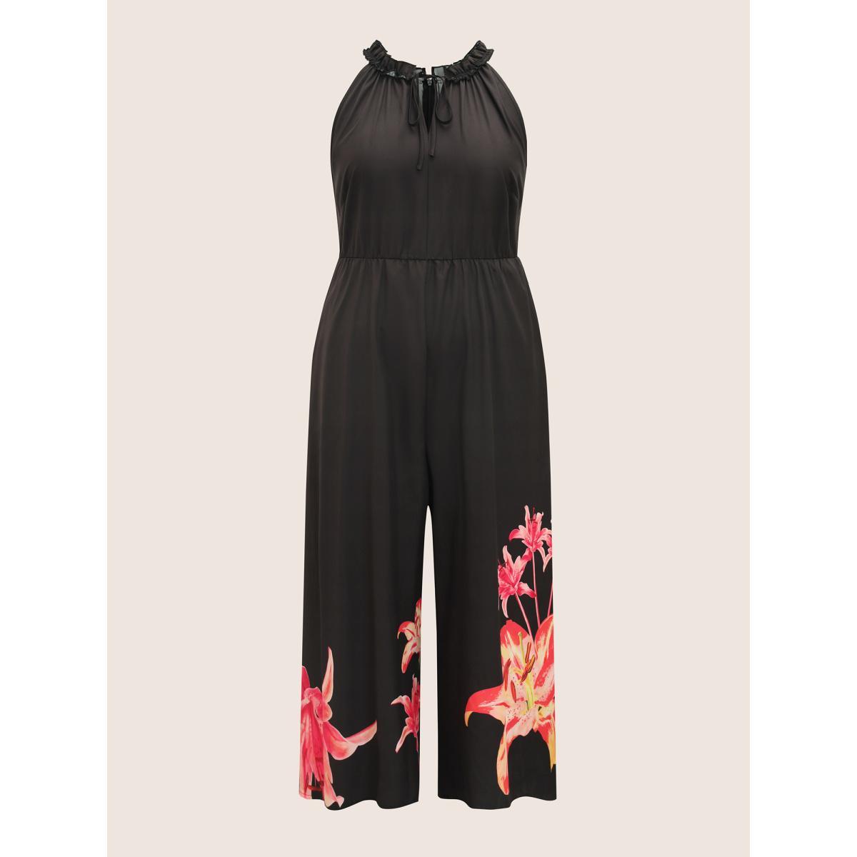 Plus Size Black Lily Print Frill Trim Tie Knot Jumpsuit Women Elegant Sleeveless Round Neck Everyday Loose Jumpsuits BloomChic 12/L Product Image
