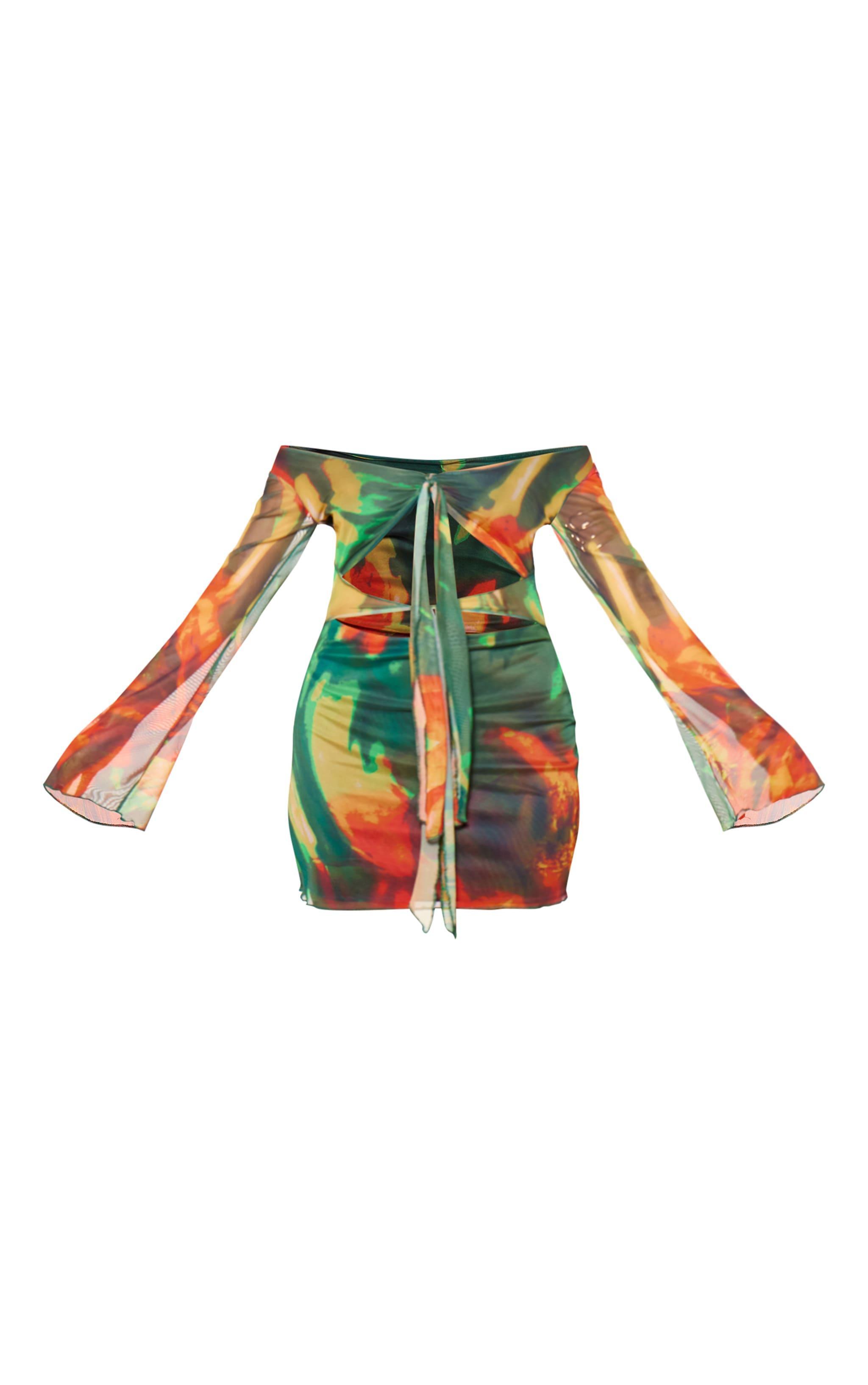 Multi Abstract Flower Printed Mesh Cut Out Mini Dress Product Image
