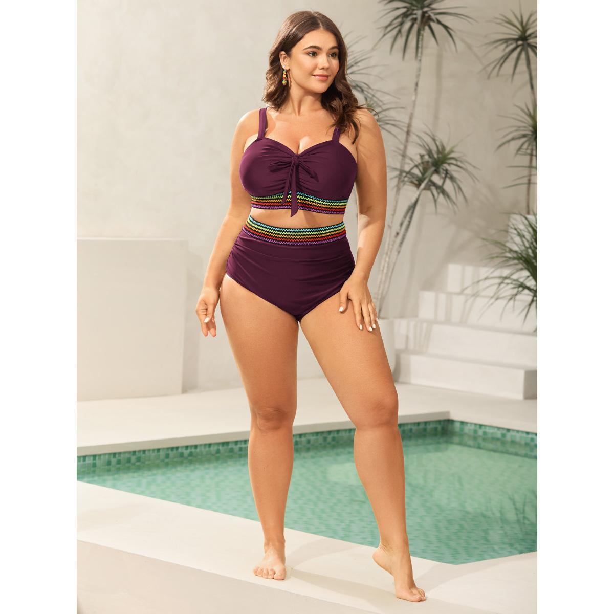 Plus Size Colorful Webbed Knotted Front Swim Top Women's Swimwear Plum Beach Woven ribbon&lace trim High stretch Skinny Heart neckline Curve Swim Tops BloomChic 12/L Product Image