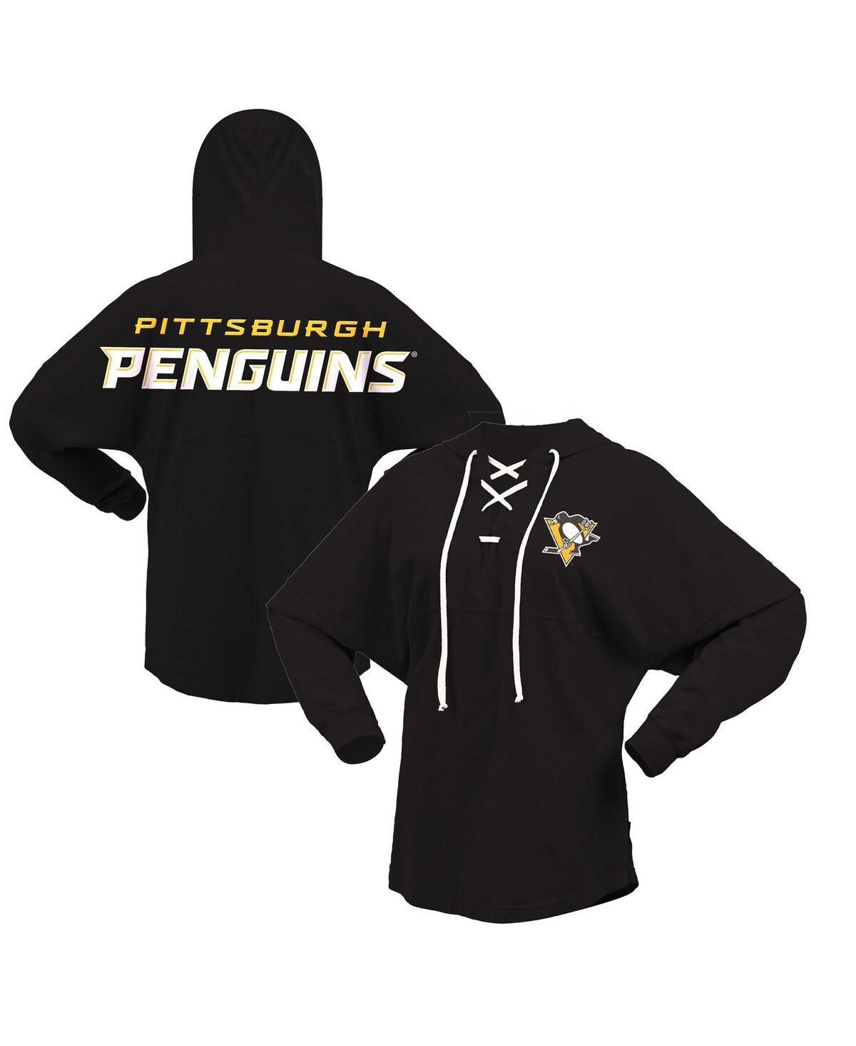 Women's Fanatics Branded Black Pittsburgh Penguins Jersey Lace-Up V-Neck Long Sleeve Hoodie T-Shirt, Size: Small Product Image