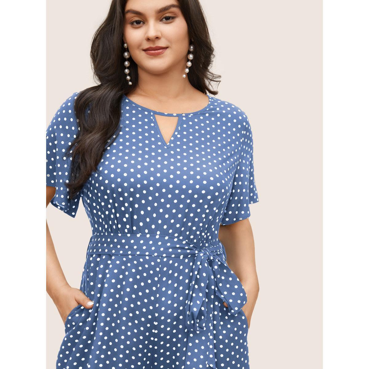 Plus Size Skyblue Polka Dot Cut Out Zipper Belted Jumpsuit Women Elegant Short sleeve Notched collar Everyday Loose Jumpsuits BloomChic 28/5X Product Image