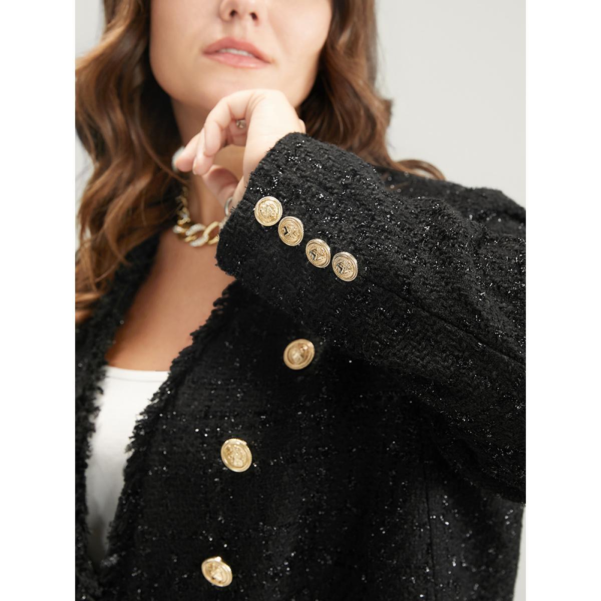 Plus Size Solid Flap Pocket Button Detail Blazer Black Women Going out Plain Button Sleeve Long Sleeve V-neck 18-20/2X Pocket Party Blazers BloomChic Product Image