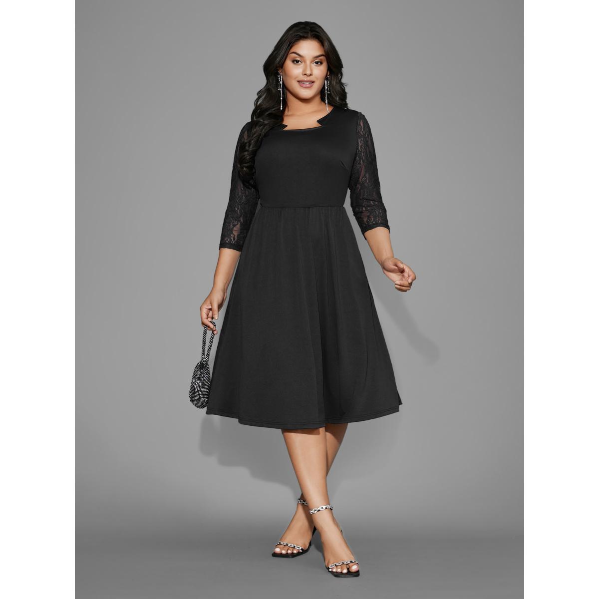 Plus Size Asymmetrical Neck Lace Patchwork Mesh Dress Black Women Cocktail Woven ribbon&lace trim Party Curvy Bloomchic 14-16/1X Product Image