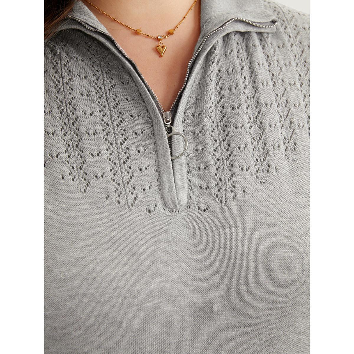 Plus Size Plain Lapel Collar Plisse Zipper Pullover LightGray Women Casual Loose Long Sleeve Lapel Collar Dailywear Pullovers BloomChic 22-24/3X Product Image
