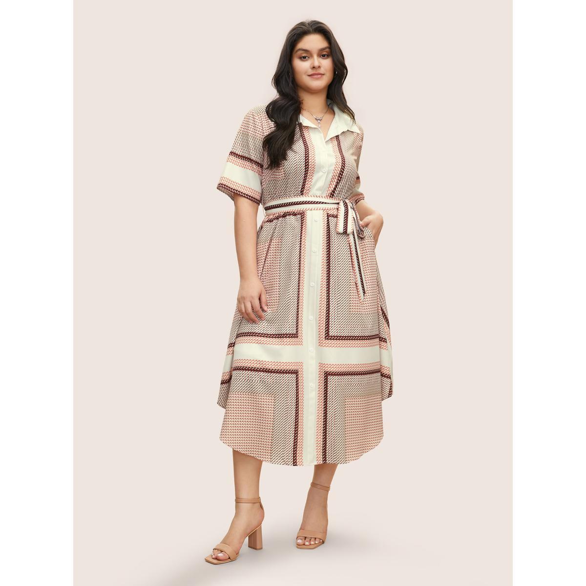 Plus Size Geo Graphic Belted Curved Hem Shirt Collar Dress LightBrown Women At the Office Non Shirt collar Short sleeve Curvy Midi Dress BloomChic 28/5X Product Image