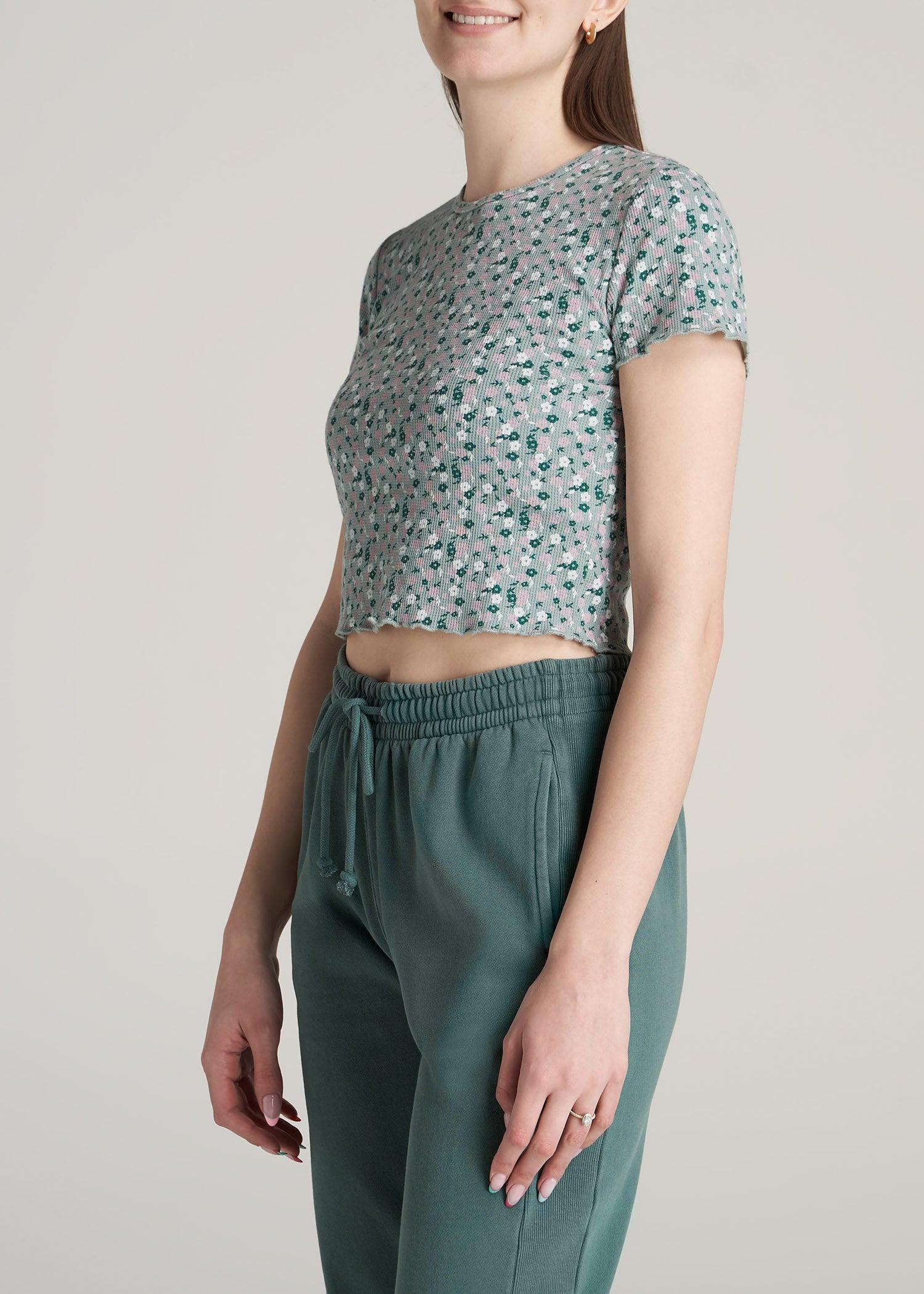 Cropped Waffle Tee for Tall Women in Seaglass Floral Product Image
