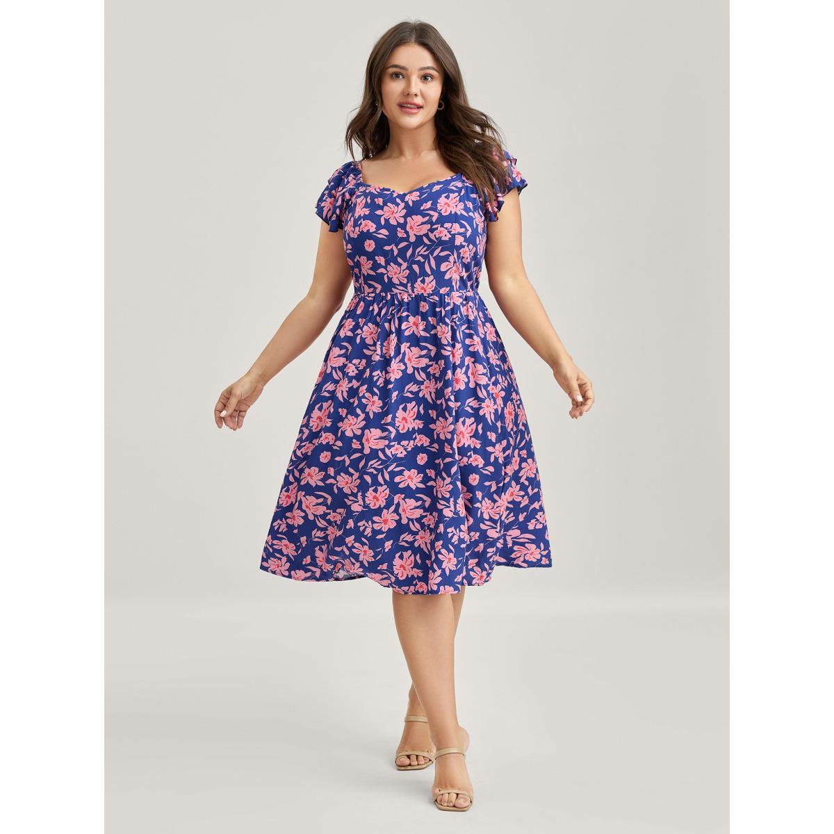 Plus Size Rayon Silhouette Flower Ruffled Sleeve Midi Dress Multicolor Women V-neck Cap Sleeve Curvy BloomChic 10/M Product Image