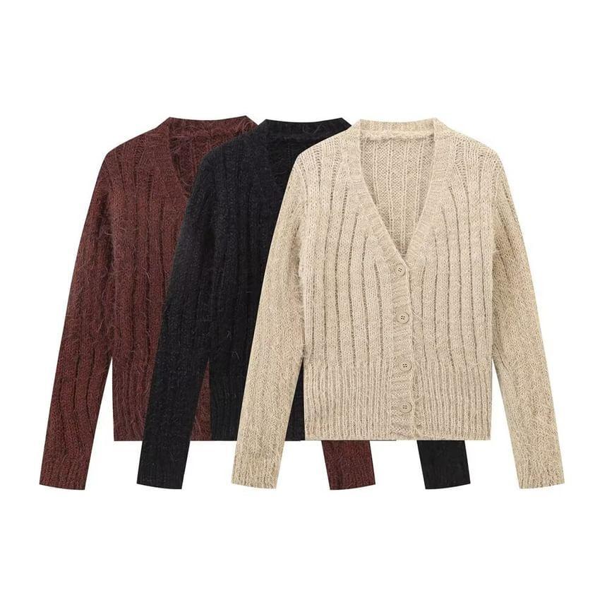 V-Neck Plain Ribbed Cardigan Product Image