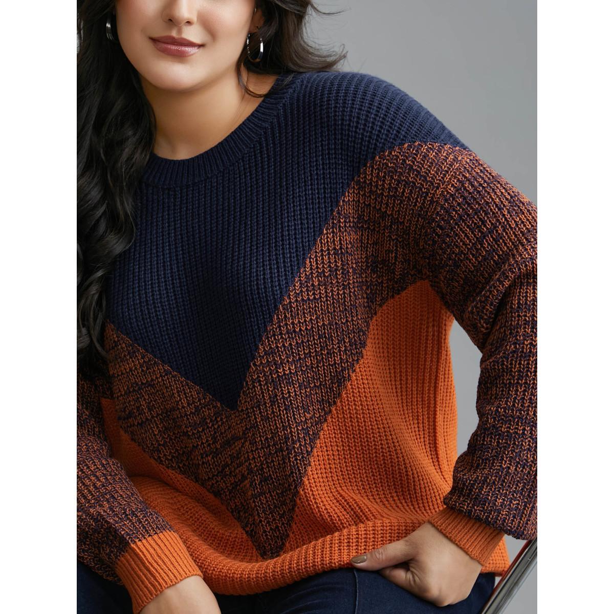Plus Size Textured Balloon Sleeves Color Block Pullover Indigo Women Casual Loose Long Sleeve Round Neck Everyday Pullovers BloomChic 28/5X Product Image