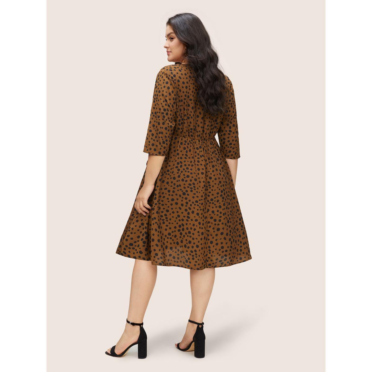 Plus Size Leopard Elastic Waist Pocket Button Detail Dress Chocolate Women Work From Home Non V-neck Elbow-length sleeve Curvy Midi Dress BloomChic 10/M Product Image