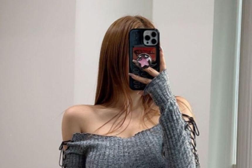 Lace-Up Long-Sleeve Off-Shoulder Crop Top Product Image
