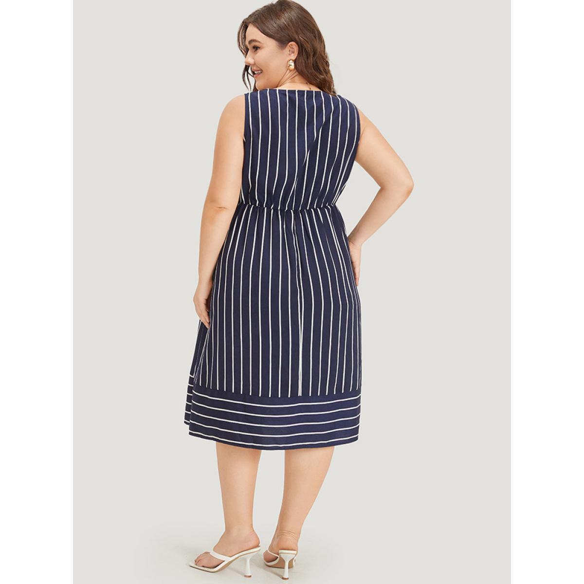 Plus Size Striped Button Detail Elastic Waist Pocket Tank Dress DarkBlue Women Elegant Elastic Waist Scoop Neck Sleeveless Curvy Midi Dress BloomChic 22-24/3X Product Image