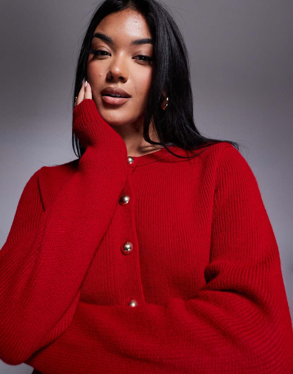 ASOS DESIGN compact knit cardigan with gold buttons in red Product Image
