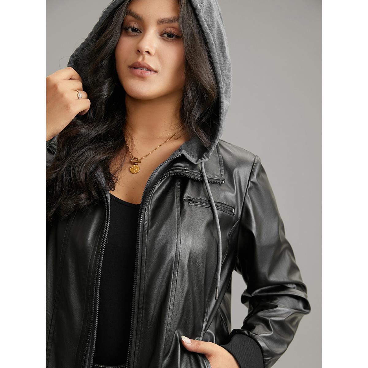 Plus Size PU Leather Patchwork Hooded Drawstring Rib Knit Jacket Women Black Rib Knit Pocket Dailywear Jackets BloomChic 18-20/2X Product Image