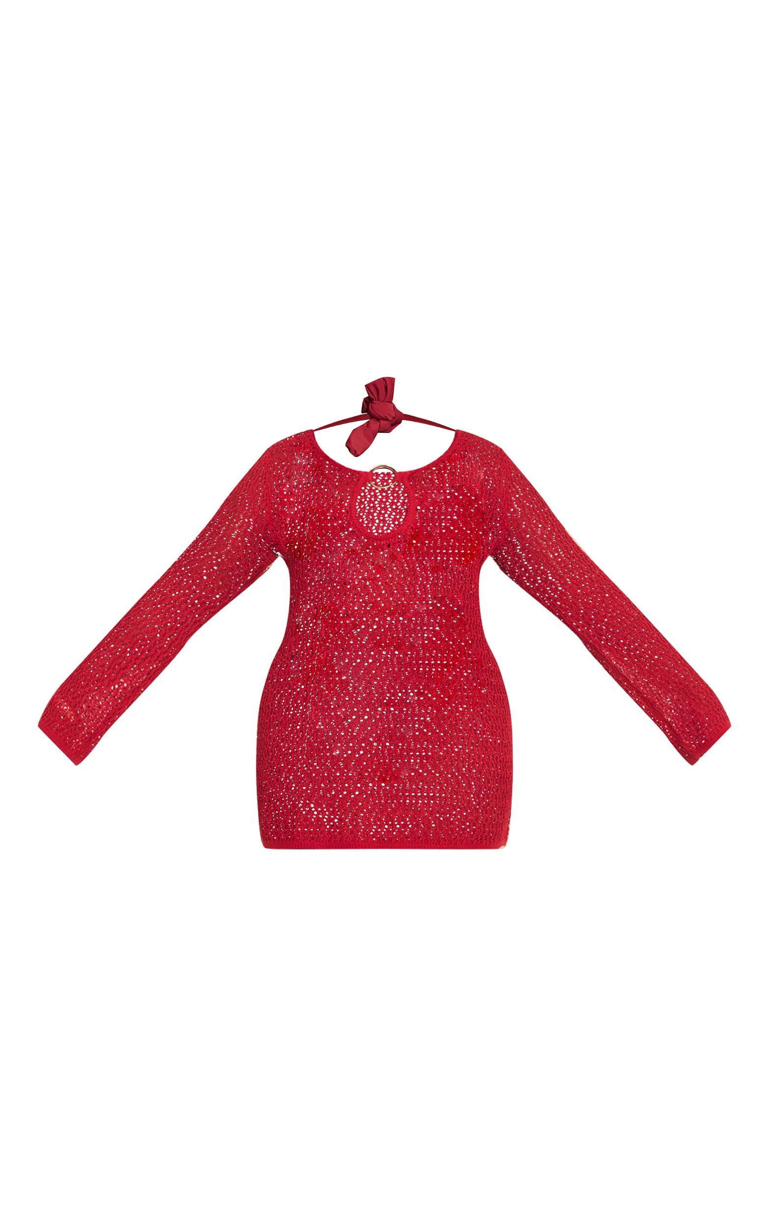 Plus Burgundy Crochet O Ring Mini Beach Dress Product Image
