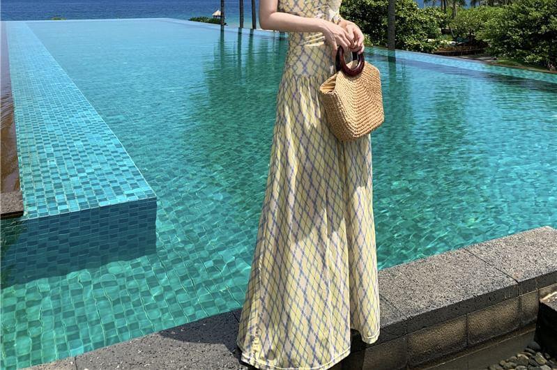 Spaghetti Strap Geometric Print Ruffle Maxi A-Line Dress Product Image