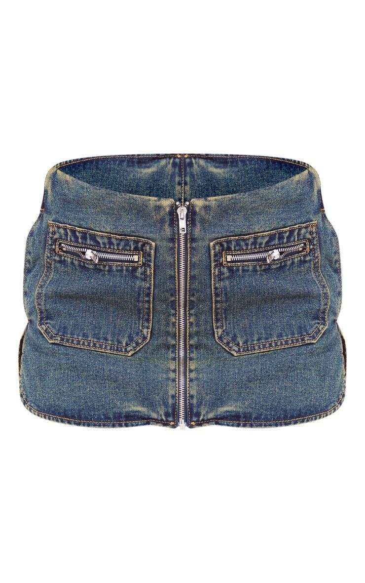 Indigo Vintage Wash Biker Detail Curved Hem Denim Skirt Product Image