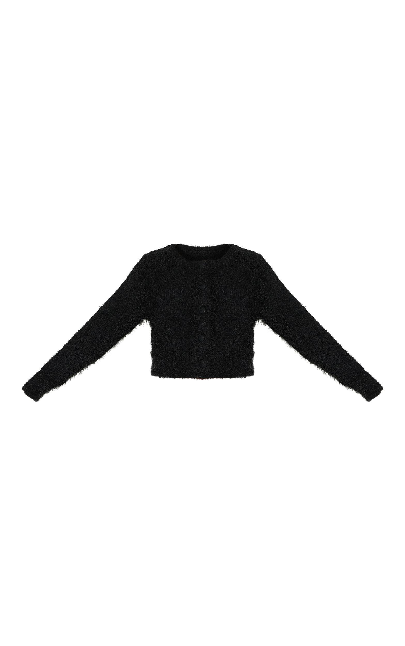 Black Textured Fluffy Knit Button Up Cardigan Product Image